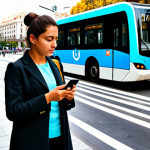 MaaS Platform in Madrid**

"A woman in appropriate professional attire, standing on a busy street in Madrid, Spain, using a MaaS app on her smartphone to plan her commute. The app shows integrated options for metro, bus, and shared bicycles. Background includes a vibrant street scene with people, buses, and a glimpse of the Madrid Metro logo. Safe for work, fully clothed, appropriate content, professional, perfect anatomy, correct proportions, natural pose, well-formed hands, proper finger count, natural body proportions, high quality."

**