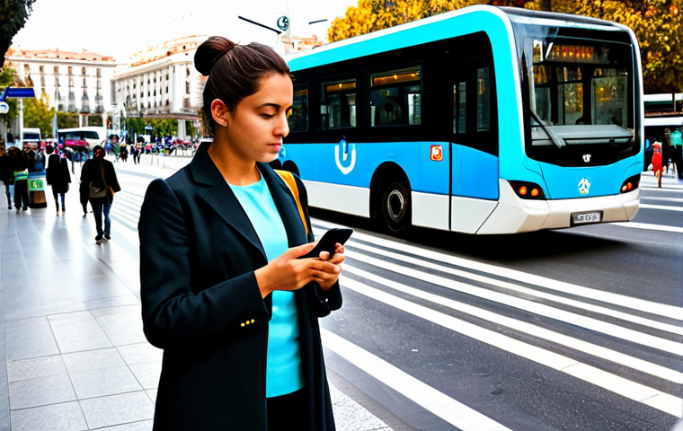MaaS Platform in Madrid**

"A woman in appropriate professional attire, standing on a busy street in Madrid, Spain, using a MaaS app on her smartphone to plan her commute. The app shows integrated options for metro, bus, and shared bicycles. Background includes a vibrant street scene with people, buses, and a glimpse of the Madrid Metro logo. Safe for work, fully clothed, appropriate content, professional, perfect anatomy, correct proportions, natural pose, well-formed hands, proper finger count, natural body proportions, high quality."

**