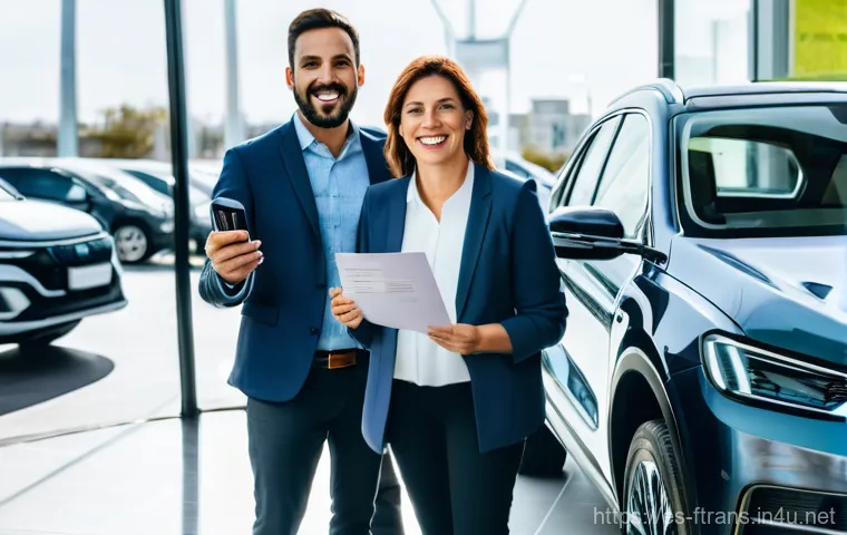 전기차 보조금 - **"A radiant Spanish family of four (parents in their late 30s, children aged 8 and 10) stands excit...