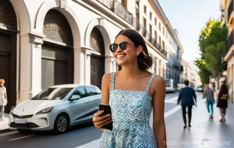 모빌리티 서비스 플랫폼 - **Prompt:** A young, stylish woman in her late 20s stands on a sun-drenched, elegant street corner i...