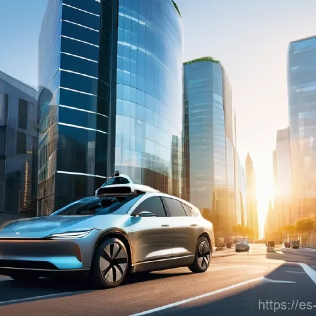 자율주행차 사고 - **Prompt:** A futuristic urban street scene at a busy intersection during the late afternoon. Severa...