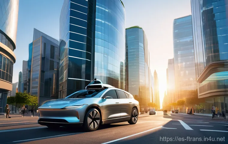 자율주행차 사고 - **Prompt:** A futuristic urban street scene at a busy intersection during the late afternoon. Severa...