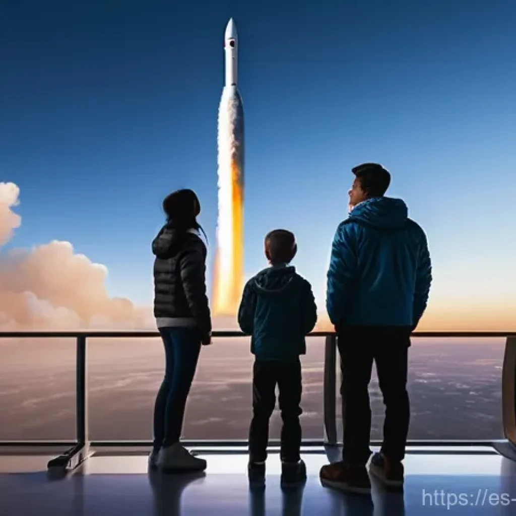 우주 항공 운송 - **Prompt:** A diverse group of people, including families with children, stand on a sleek, modern ob...