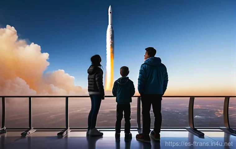 우주 항공 운송 - **Prompt:** A diverse group of people, including families with children, stand on a sleek, modern ob...