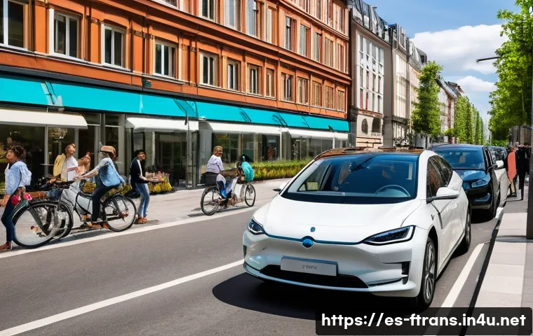 친환경 자동차 - **Prompt 1: Urban Harmony with Eco-Mobility**
    "A vibrant, bustling city street in a modern Europ...