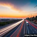 스마트 도로 시스템 - A modern Spanish highway at dusk equipped with advanced IoT sensors embedded along the road and smar...