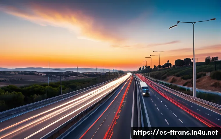 스마트 도로 시스템 - A modern Spanish highway at dusk equipped with advanced IoT sensors embedded along the road and smar...