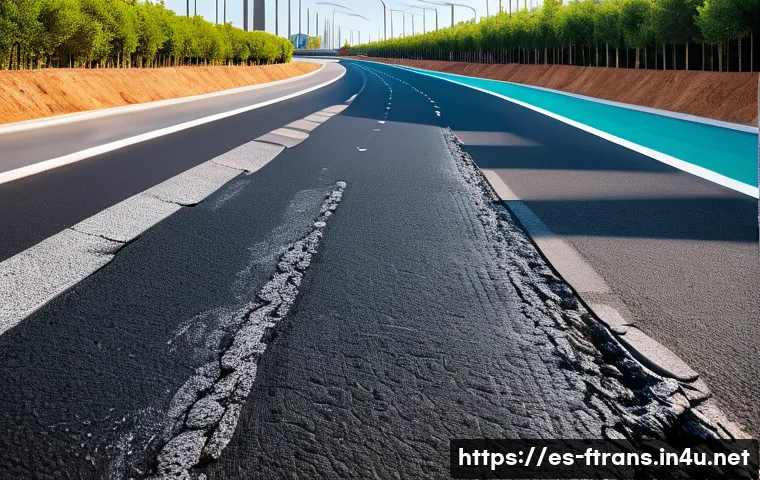 도로 인프라 혁신 - A detailed futuristic highway scene in Spain featuring self-healing asphalt embedded with visible mi...
