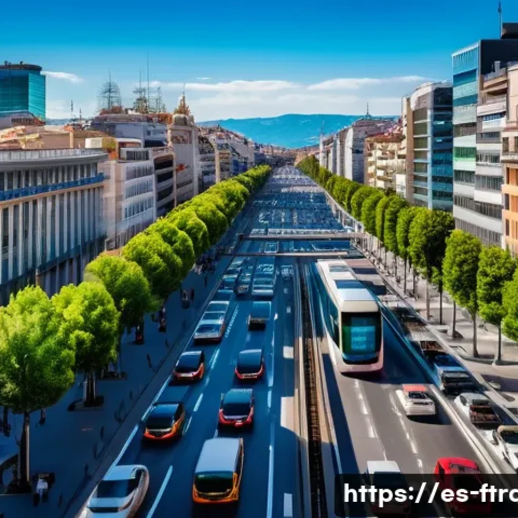 빅데이터와 미래 운송 - A bustling urban street scene in Madrid during rush hour, featuring smart traffic lights and IoT sen...