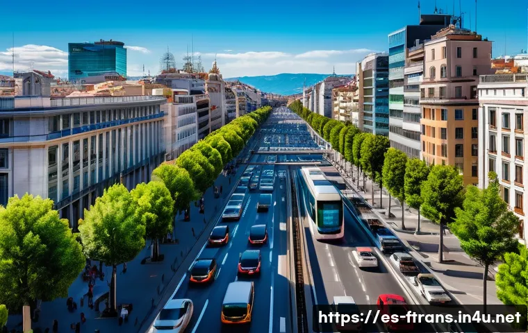 빅데이터와 미래 운송 - A bustling urban street scene in Madrid during rush hour, featuring smart traffic lights and IoT sen...