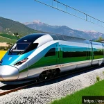 고속철도 상용화 - A sleek, ultra-modern high-speed train speeding through the Spanish countryside during golden hour, ...