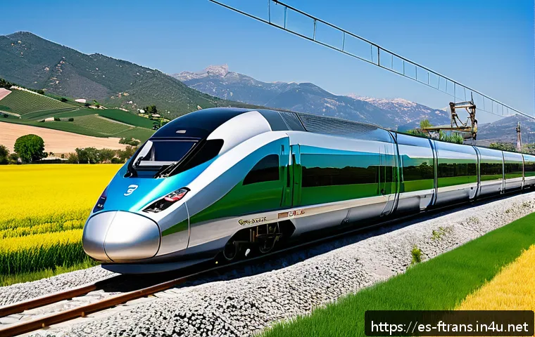 고속철도 상용화 - A sleek, ultra-modern high-speed train speeding through the Spanish countryside during golden hour, ...