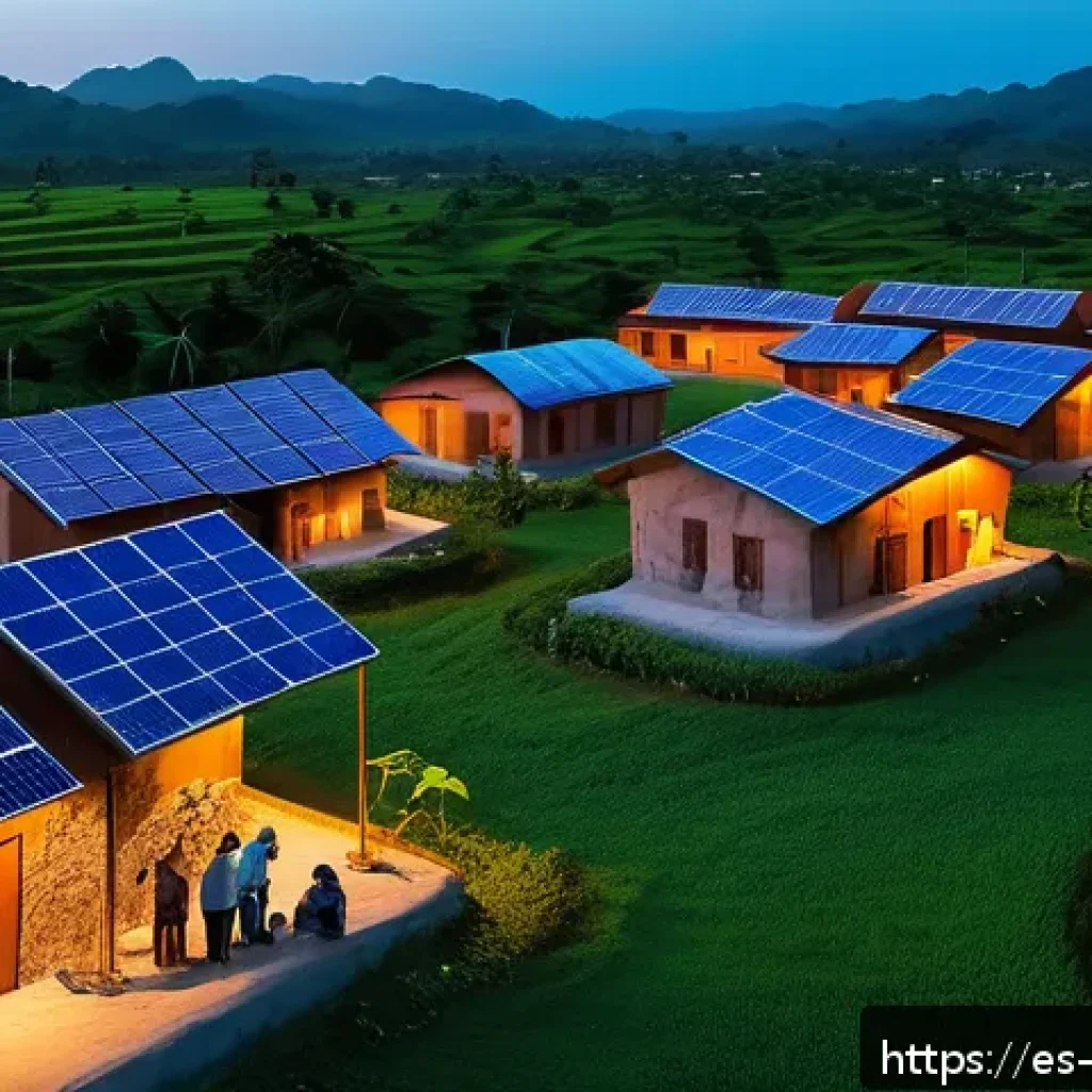 나트륨 이온 배터리 - A vibrant, detailed scene of a Latin American rural village at dusk, powered by a microgrid featurin...