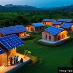 나트륨 이온 배터리 - A vibrant, detailed scene of a Latin American rural village at dusk, powered by a microgrid featurin...