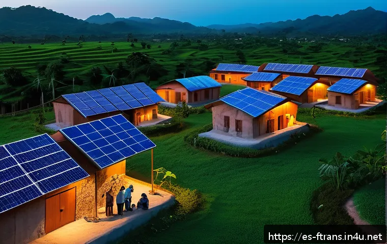 나트륨 이온 배터리 - A vibrant, detailed scene of a Latin American rural village at dusk, powered by a microgrid featurin...
