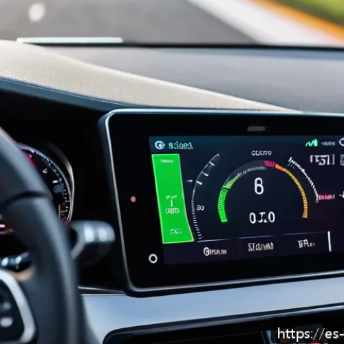 스마트 차량 관리 시스템 - A modern car dashboard displaying a high-tech vehicle monitoring system interface on a sleek touchsc...