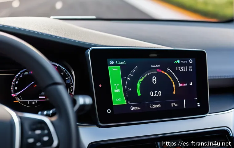 스마트 차량 관리 시스템 - A modern car dashboard displaying a high-tech vehicle monitoring system interface on a sleek touchsc...