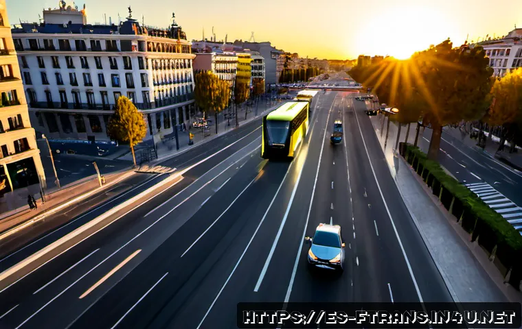 5G 기술과 운송 - Photorealistic modern Spanish urban transport scene at sunrise, a sleek electric city bus and autono...
