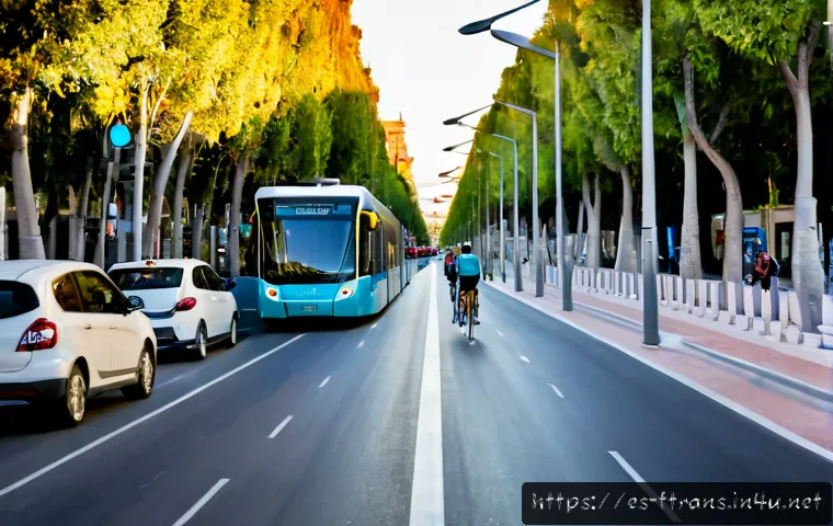 Home 17 스마트 시티 교통 인프라 - Photorealistic smart city avenue in Madrid at morning rush hour, electric buses in dedicated lanes, ...
