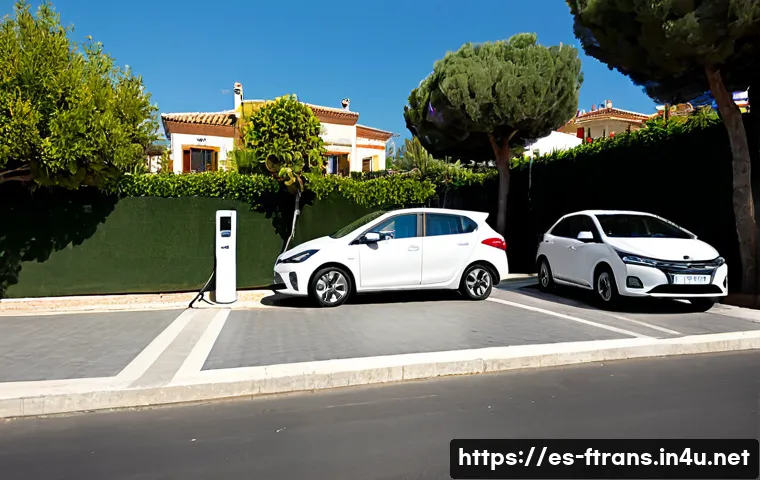 Home 17 하이브리드차 종류 - Photorealistic wide-angle comparison scene of three different hybrid vehicle types parked in a sunny...